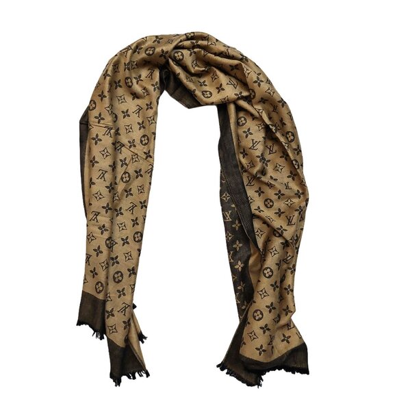 LOUIS VUITTON LV Vintage Golden Tan & Brown Monogram Scarf Shawl Wrap - Picture 1 of 14